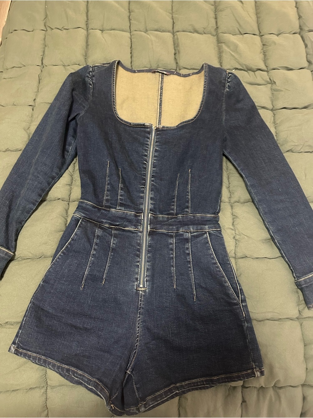 We The Free Dark Denim Long-Sleeve Zip Romper Dress